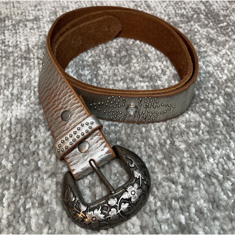 Genuine Leather Western Belt Metallic Silver Floral Finish Studs Women’s Size L